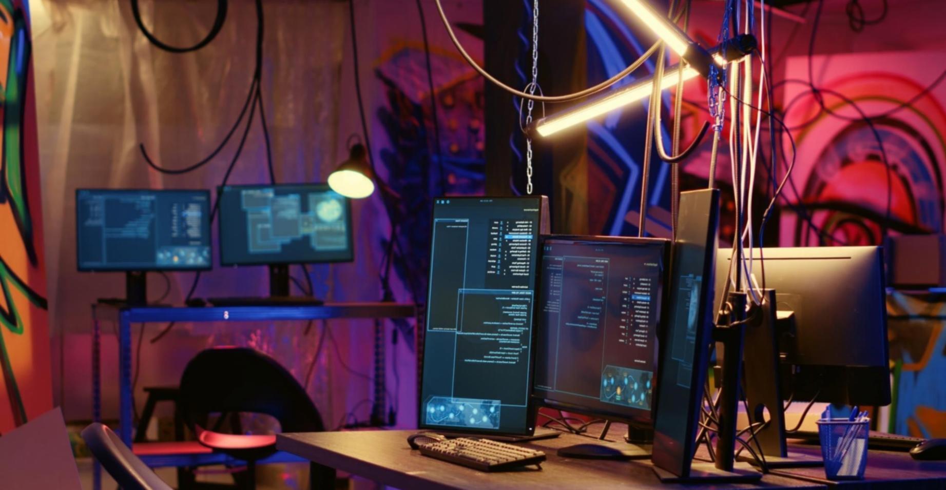 Modern coding workspace with multiple monitors displaying JavaScript frameworks